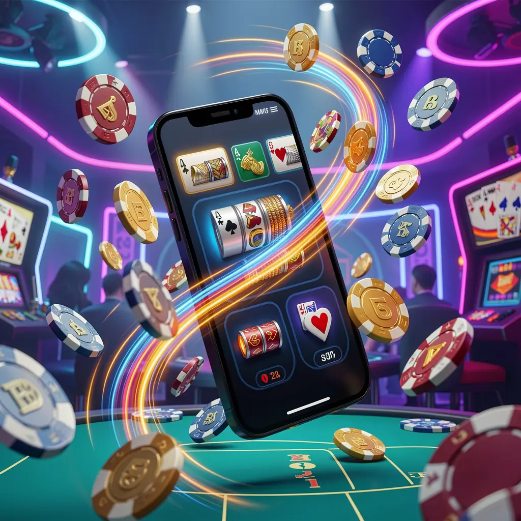 PK 345 fast casino app access visual showing a smartphone with speed light trails, coins and chips flying around against a modern neon casino background in a dynamic 3D render