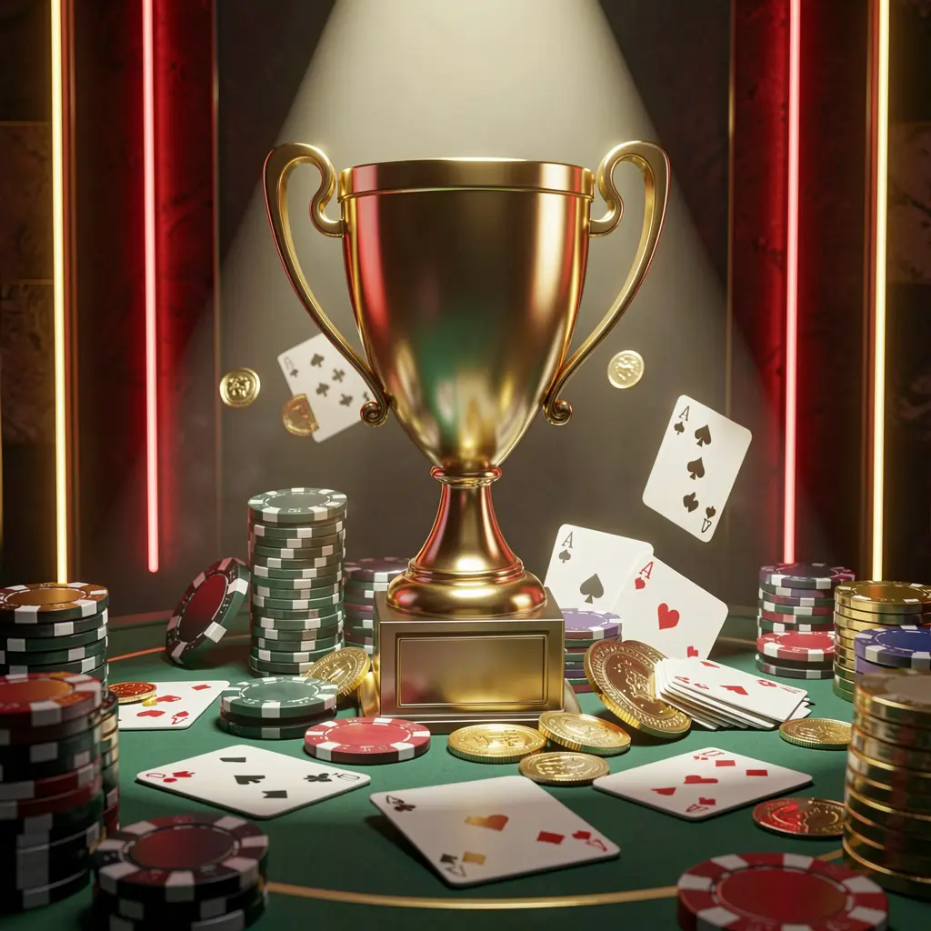 PK 345 casino tournament bonus concept featuring a golden trophy surrounded by poker chips, playing cards, and coins under a bright spotlight in a competitive luxury casino atmosphere with dark background and red and gold neon accents