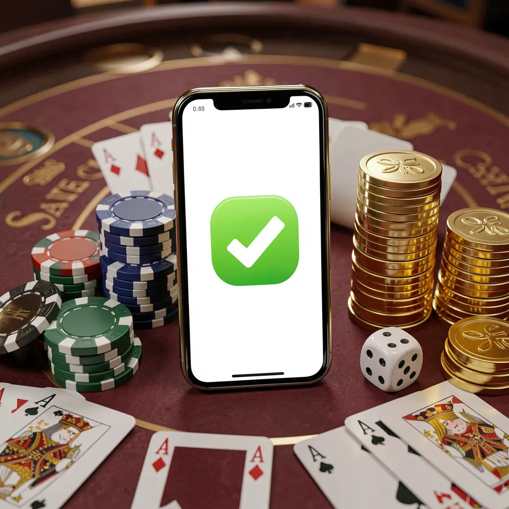 PK 345 safe casino login concept showing a smartphone with verification checkmark icon surrounded by chips, cards, dice, and golden coins on an elegant luxury casino table in a 3D realistic render