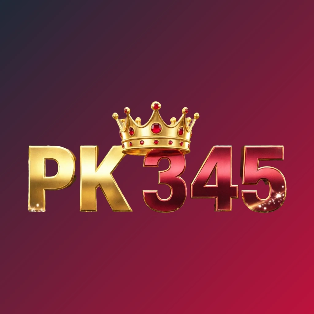 PK 345 dynamic casino-style logo featuring massive bold gold and crimson lettering with a glowing crown and sparkling light effects on a transparent background, designed as a wide horizontal rectangular wordmark for a website header
