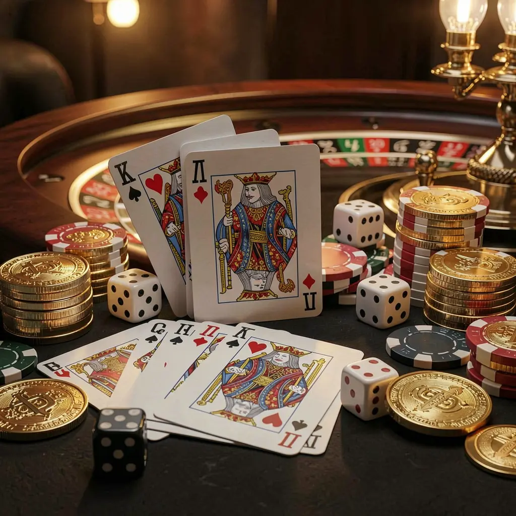 Elegant online casino homepage featuring PK 345 brand with royal flush cards, dice, golden coins, poker chips on a dark table, and a glowing roulette wheel in the background in a cinematic 3D render